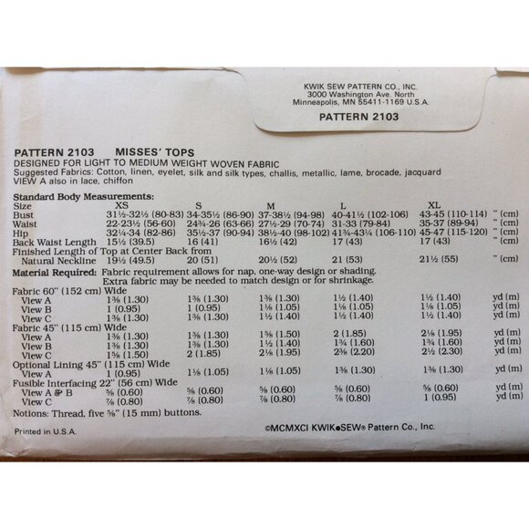 Misses Blouse Pattern Long or Short Sleeve XS - XL Kwik Sew 2103 UNCUT Sealed - Picture 3 of 7